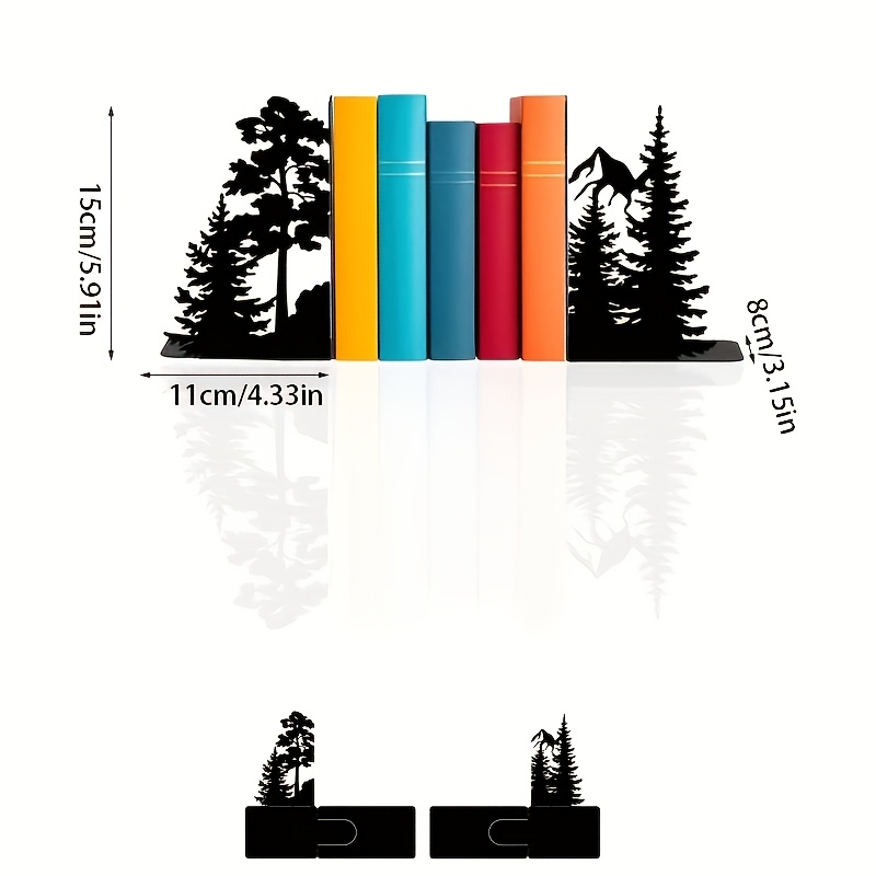 TEMU 1 Pair/2pcs Metal Bookends - Heavy-duty Black Metal Bookends With Pine Trees And Mountains