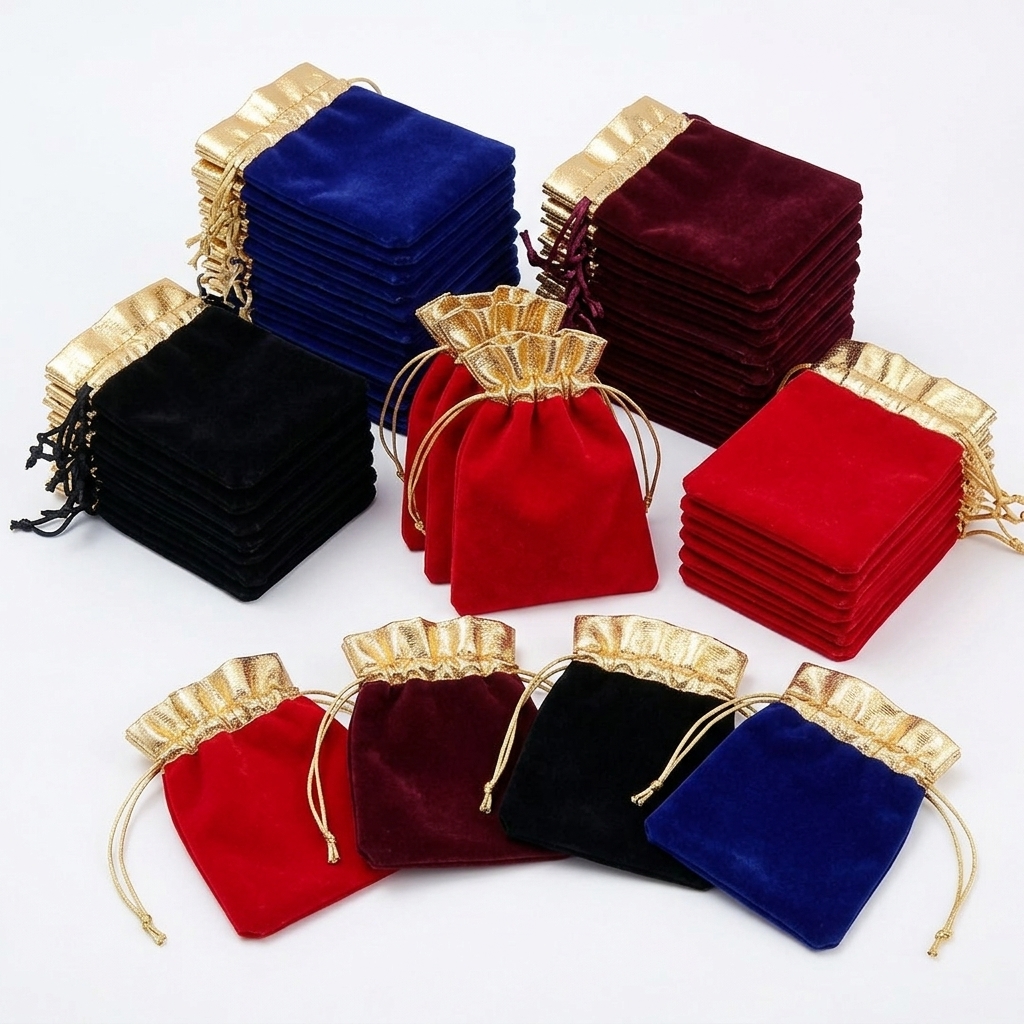 TEMU 32pcs Mixed Color Velvet Drawstring Jewelry Pouches With Trim, Soft Fabric Square Bags, Durable Pull Cord Closure For Rings Necklaces Bracelets