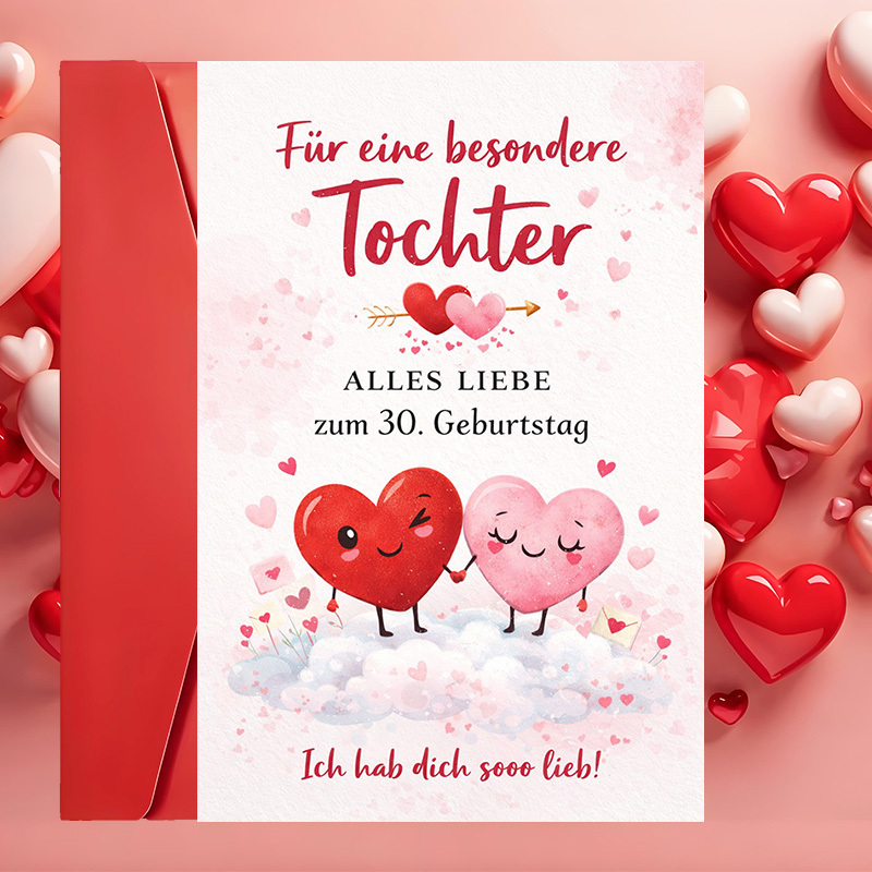 E-shop 1 Grußkarte + 1 Einhüllende - Romantische Geburtstagskarte für Tochter mit niedlichen Herzfiguren, für Eltern, um Liebe und warme Wünsche auf