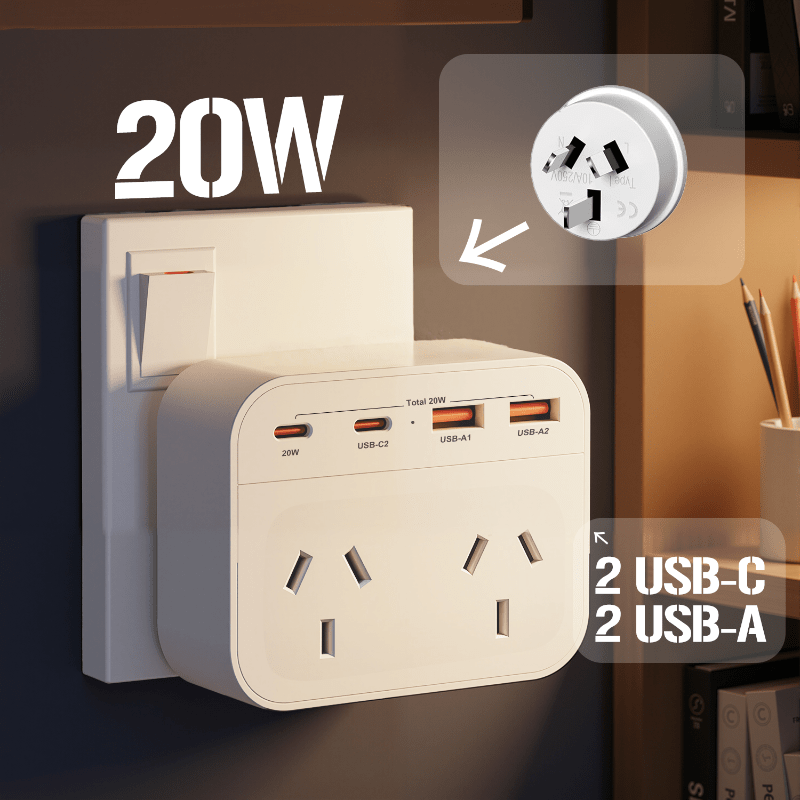 TEMU Usb Plug Extension With Pd 20w Usb-c Powerpoint, 2 Usb-c And 2 Usb-a Ports, 6-in-1 Grounded Power Outlet With 2-way Socket Extender, Double