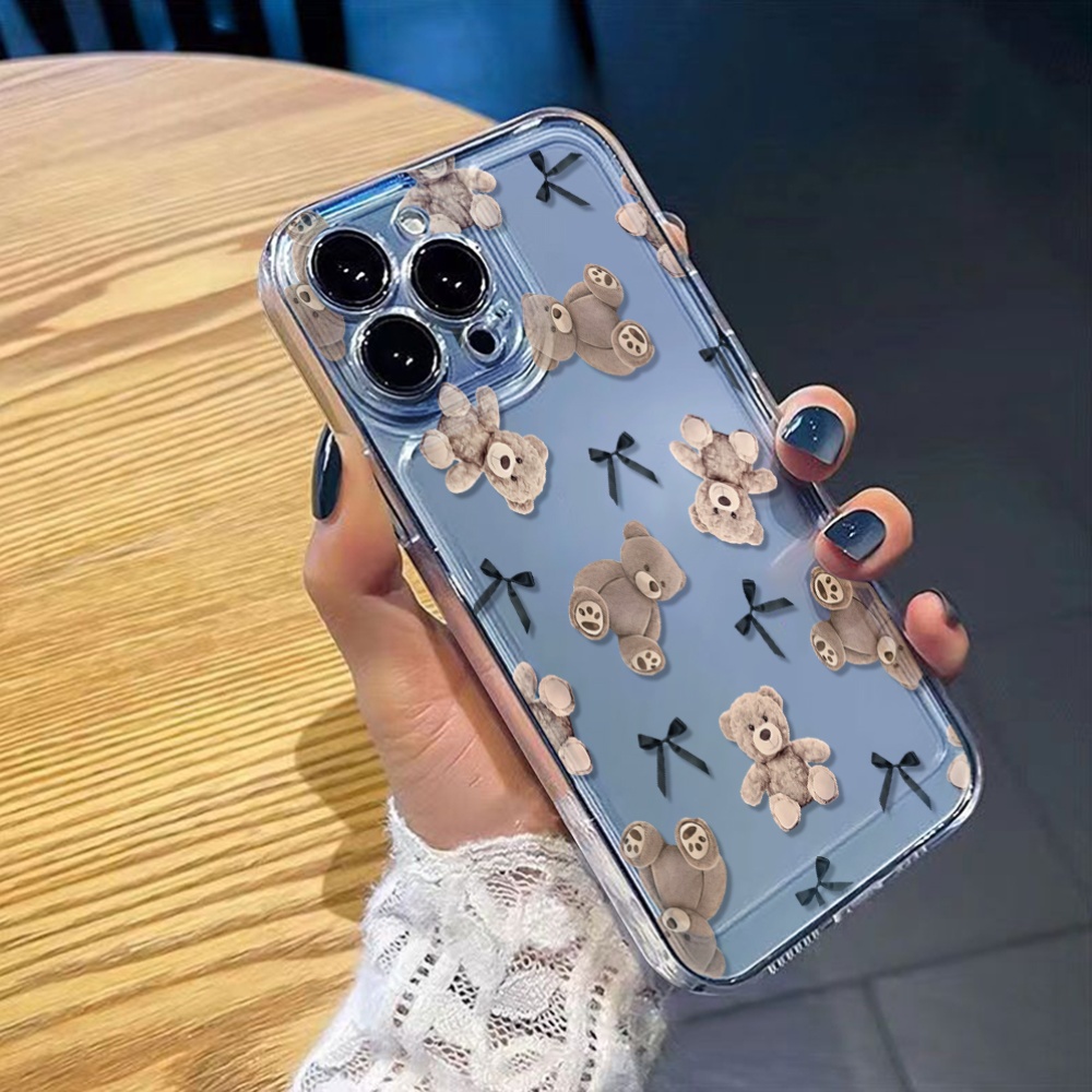 TEMU Phone Case - 1pc Cute Teddy Bear Bow Space Transparent Soft Phone Case Suitable For Iphone 17 16 15 14 13 12 11 Pro Air 14 15 16e Plus Xs Xr X 8