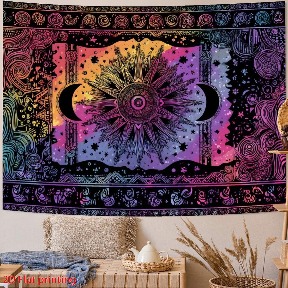 TEMU 2d Flat, 2d Flat - 2d Flat, 2d Flat - 2d Flat Printed Uv Reactive Tapestry | Neon Bohemian Purple Design, Under Blacklight, Perfect For Bedroom,