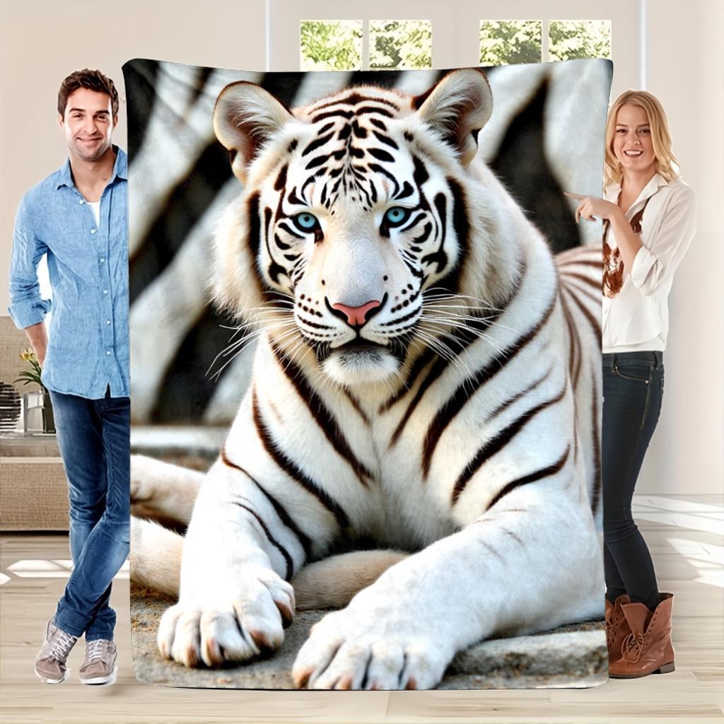 TEMU Soft Lightweight Flannel Blanket/comfortable White Tiger Print Design With Black Stripes And White Tiger Face/ Blanket For Beds And Sofas/modern