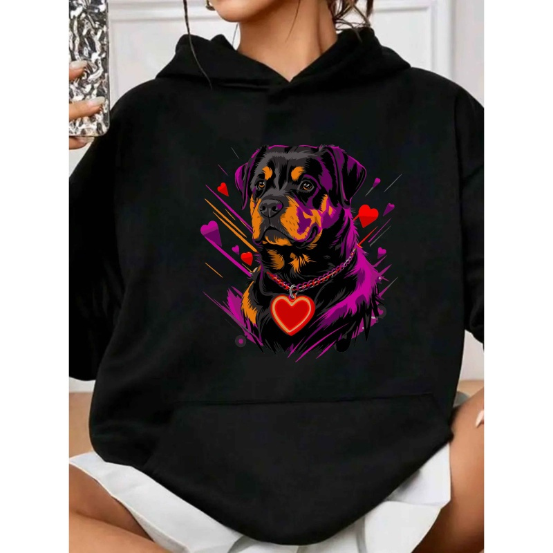 

1pc Sweat à capuche imprimé de chien de taille grande pour femmes - Pull décontracté à manches longues avec poches, sweat à capuche en polyester tricoté pour /hiver