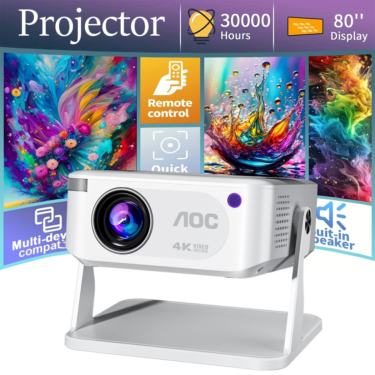 Support 4k Ultra Hd Support Projector Native 720p, Portable Smart With Auto Keystone, Wifi Mirroring, Short Throw Home Projector For Tv Shows &