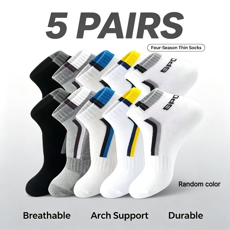 TEMU Lot de 5 paires de chaussettes fines toutes pour homme, sport décontractées, unisexes, chaussettes courtes à la cheville avec élastique et