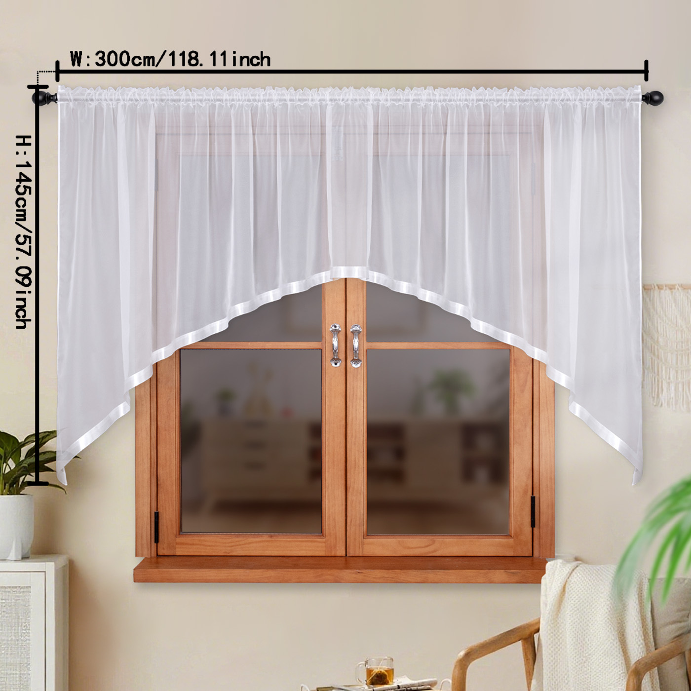1 Panel Arched Sheer Curtain - Large Panel (300x145cm/400x145cm) Semi- Filtering Privacy Drapes With Trim, Rod , -like Polyester Fabric For &