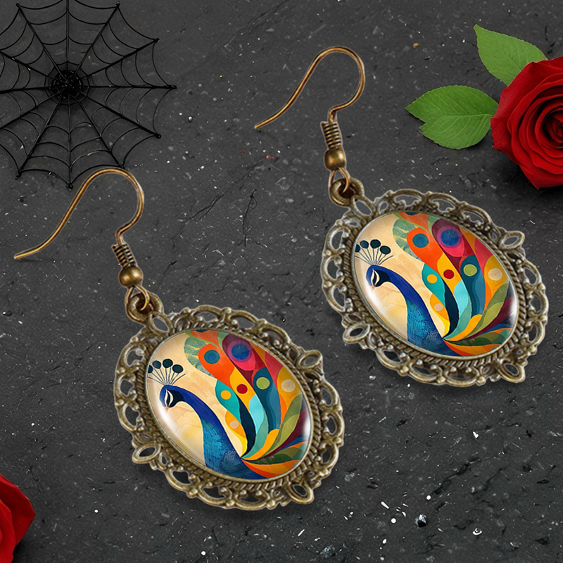 Peacock Painting Pattern Oval Glass Cabochon Retro Flower Earrings