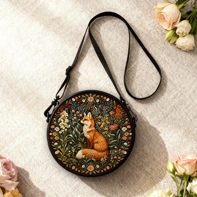 TEMU 2d Flat With Small Round Bag Featuring Fox And . Single-shoulder Crossbody Style With Adjustable And Detachable Strap And Zipper Closure.