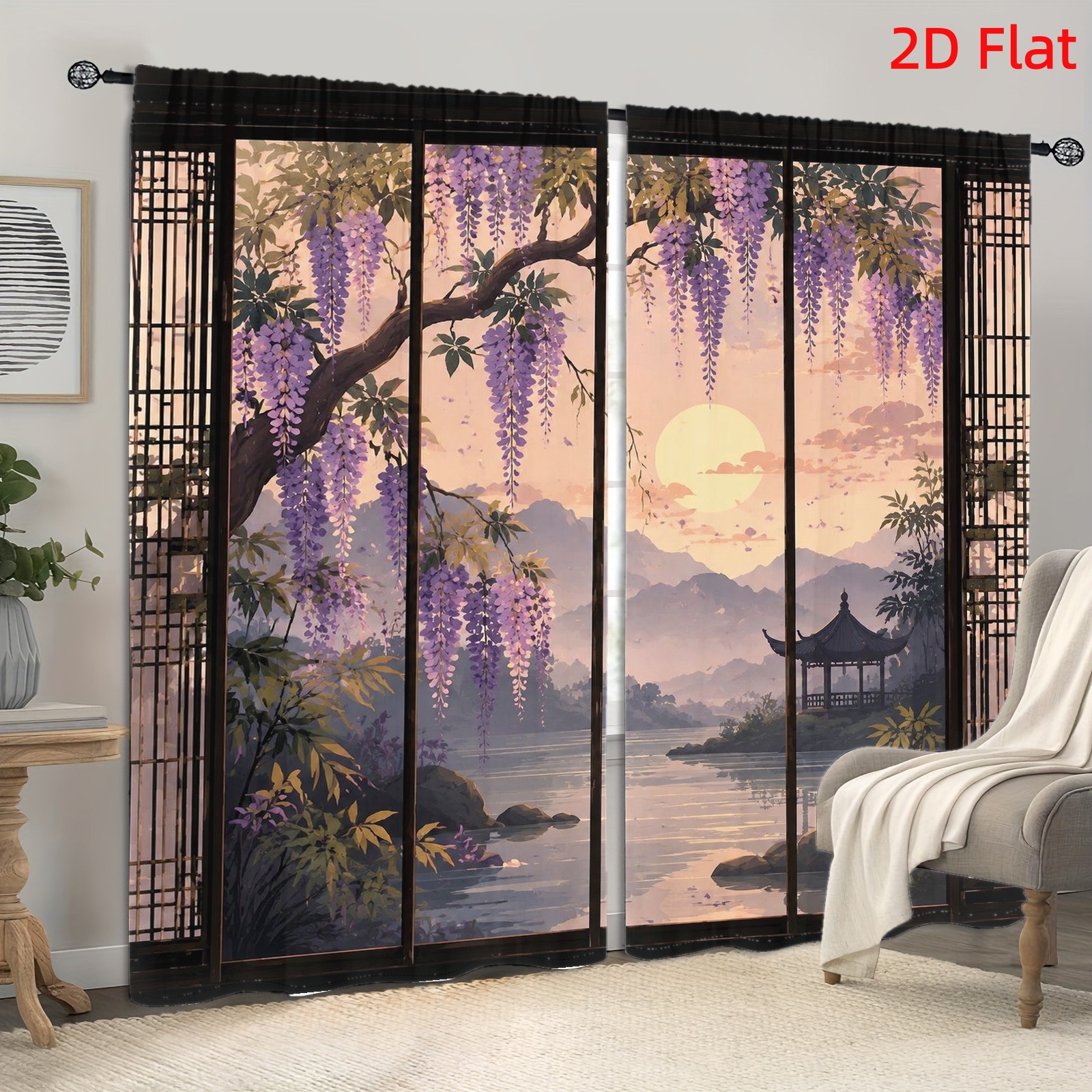 Image of 2d Flat - 2d Flat 2pcs Japanese Wisteria Scene Art Decor Light Filtering Curtains With Pagoda And Sun Landscape, Aesthetic, Rod , Curtains For Room Bedroom Study Decoration