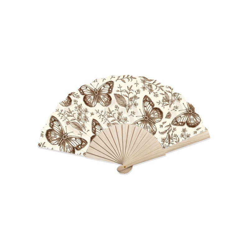 TEMU Éventail décoratif pliable vintage en avec papillons et dessinés à , 1 pièce avec manche en bois et os d'éventail, ornement de décoration