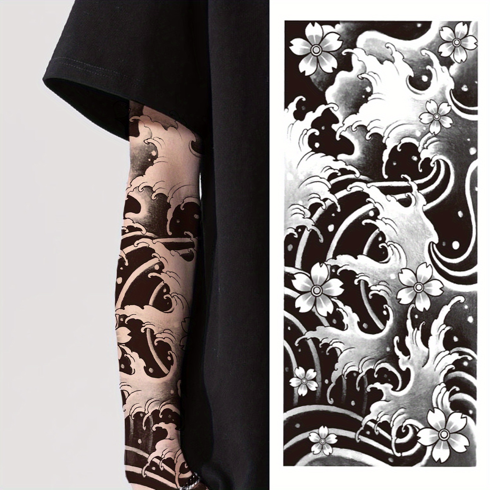 1 Large Half-arm Cherry Wave Herbal Tattoo Sticker, Floral Arm Tattoo, Waterproof And Long-lasting Temporary Tattoo