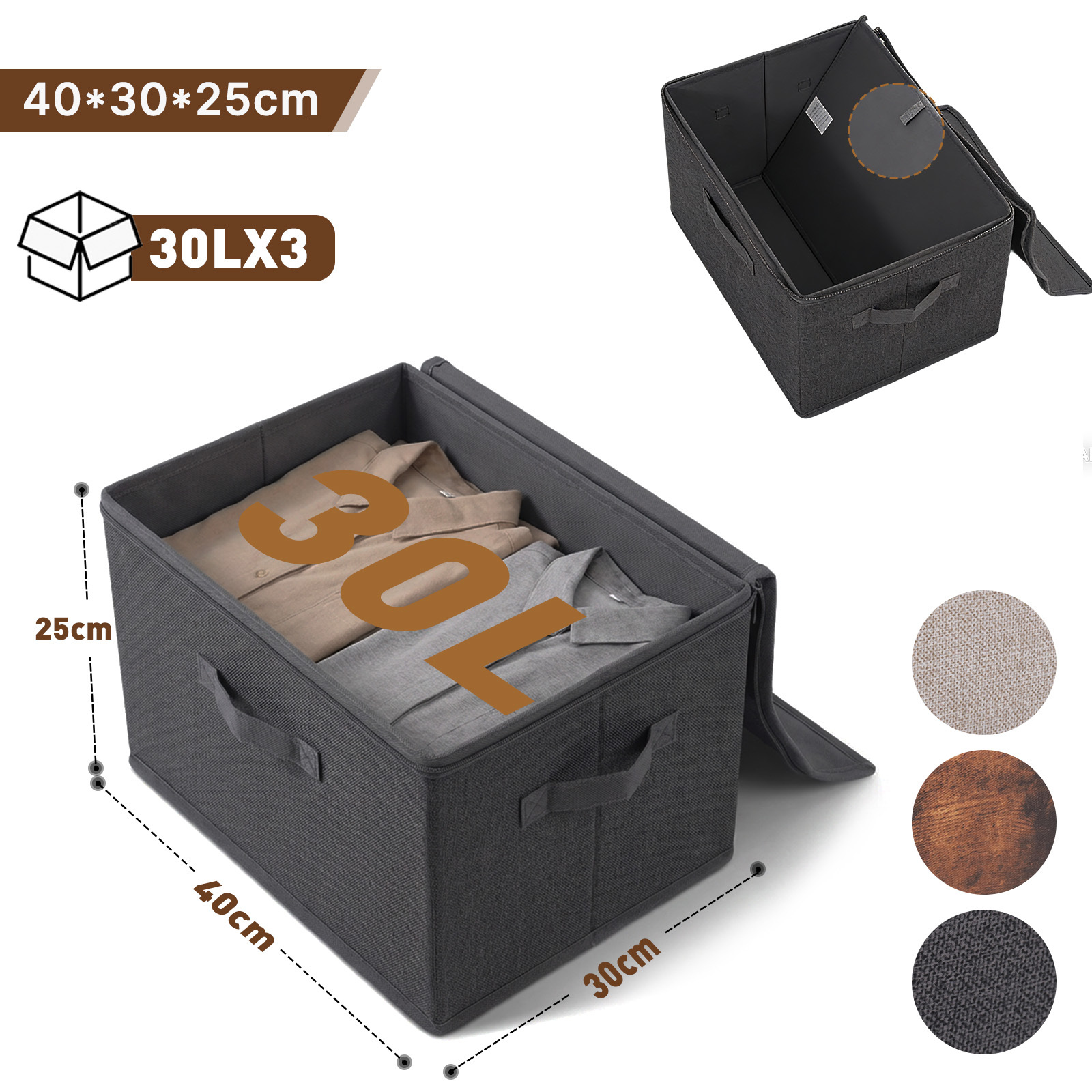 Sekey Storage Box With Lid, Foldable Fabric Box With Handles, Storage Box Organiser For Clothes In The Wardrobe -set Of 3, 40 X 30 X 25cm, Under-bed Storage