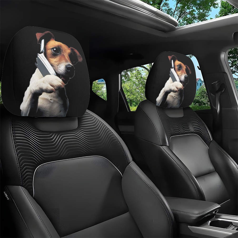 TEMU 2pcs Terrier Talking On The Phone Printed Pattern Car Headrest Covers, 2d Flat, Adds A Touch Of Fun, Seat Headrest Protector, Stylish And Fun