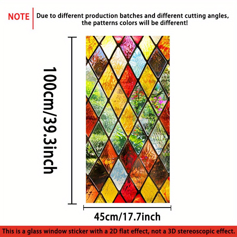 TEMU 1pc Vibrant Stained Glass Window Film, 17.7x39.3 Inches, Pvc Static Cling Decorative Privacy Panel, Removable & Reusable, , No Glue Needed, For