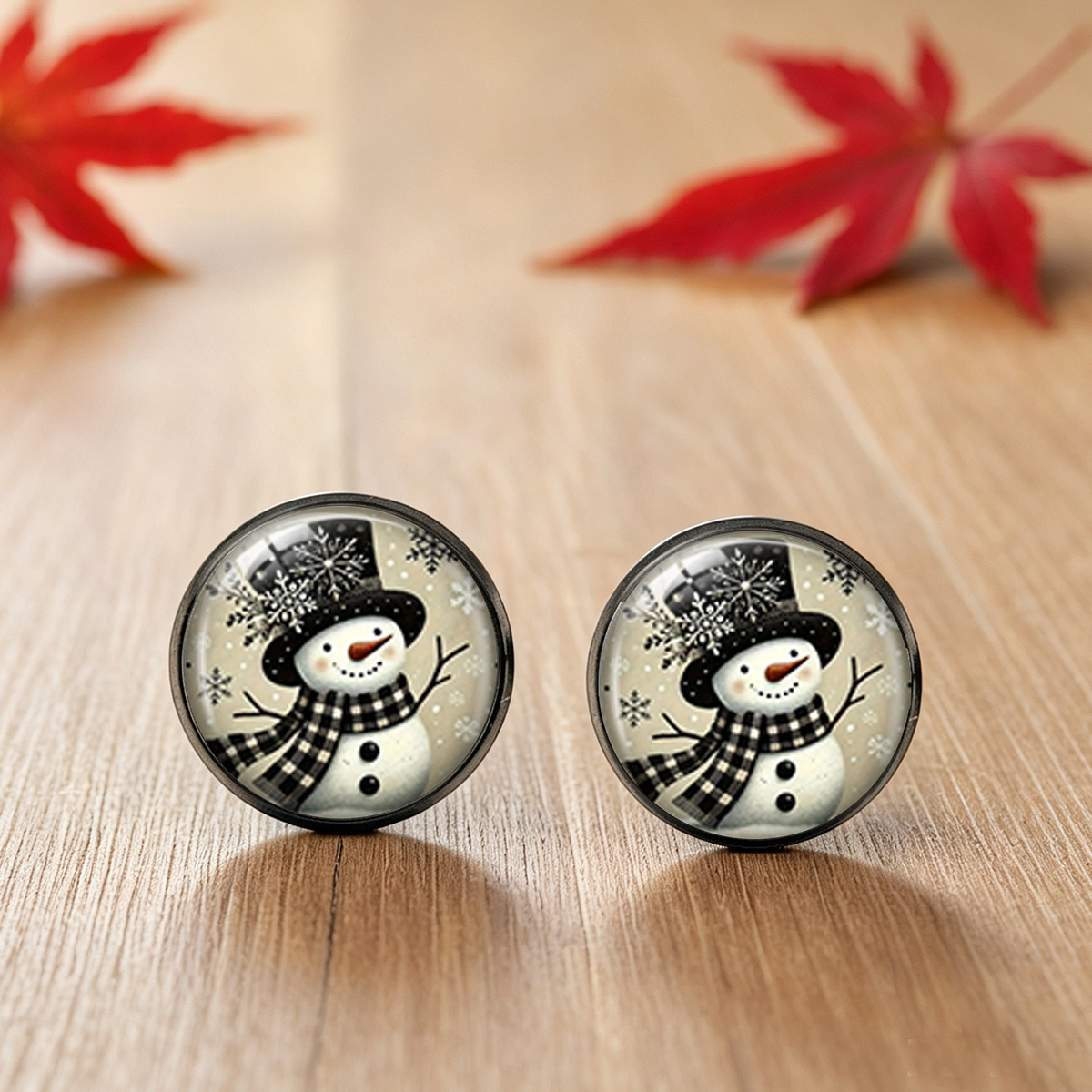 TEMU 1 Pair Scarves Retro Snowman Pattern Round Glass Black Stud Earrings Unisex Nostalgic Winter Ear Jewelry, Without Battery