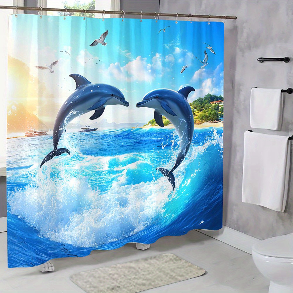 Dolphin Landscape Shower Curtain with Hooks, Animal Theme Decor