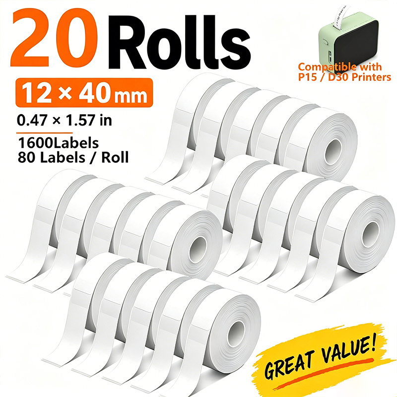 TEMU 20 Rolls Of 12x40mm (0.47x1.57in) White Printed Labels, 1600 Labels Total, 80 Sheets Per Roll, Compatible With P15/d30 Models, Long-lasting And