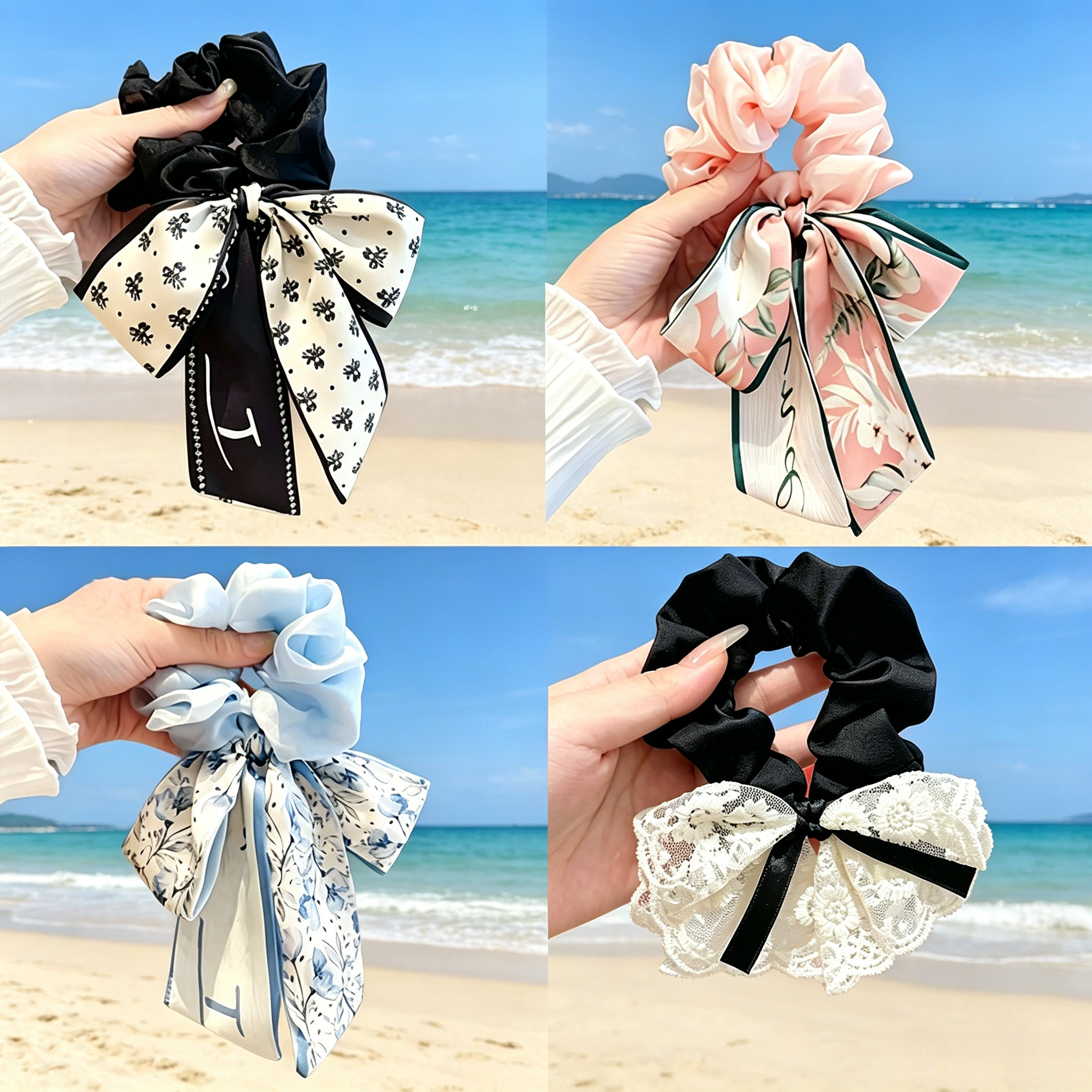 TEMU 4pcs Set Women' Floral Print Large Bow Ponytail Hair Ties, Hair Bands, Headbands And Ribbon Hair Additions
