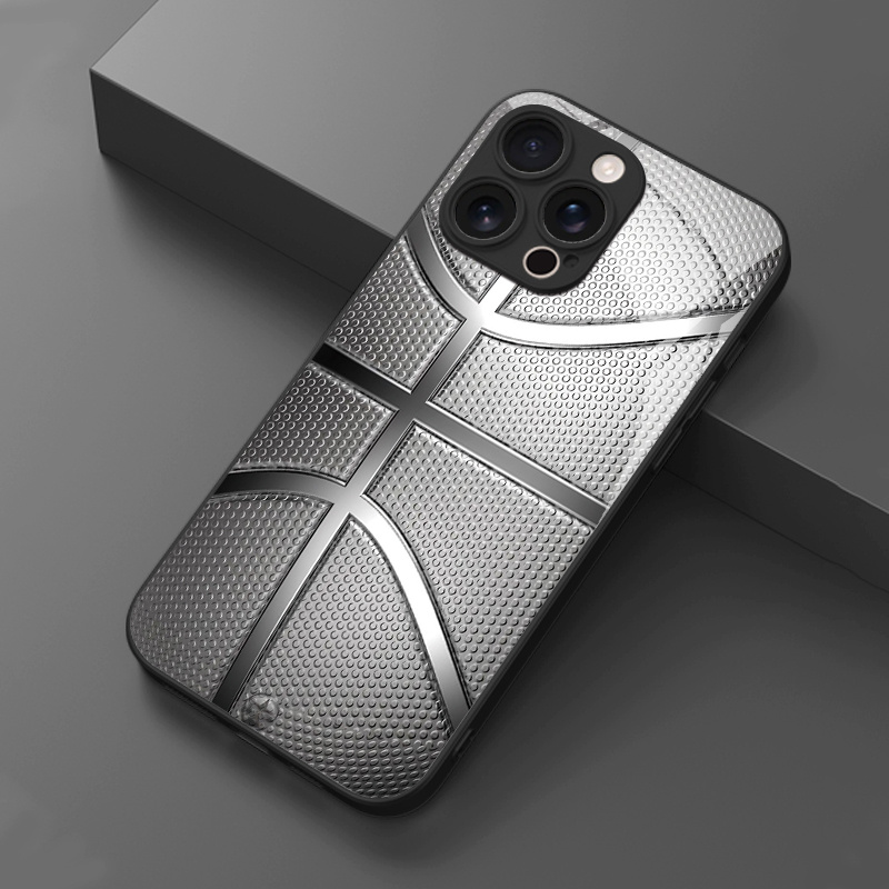 TEMU Phone Case: 1 Metal Texture Basketball Pattern Tempered Glass Phone Case For Iphone
