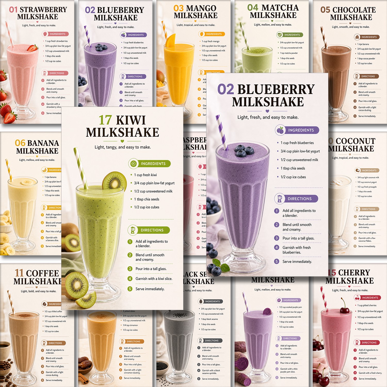 TEMU 20pcs Milkshake& Smoothie Recipe Cards- Weight Loss, Fitness, Weight Reduction, 20 Flavor Charts Suitable For Home Kitchen, For Beginners,