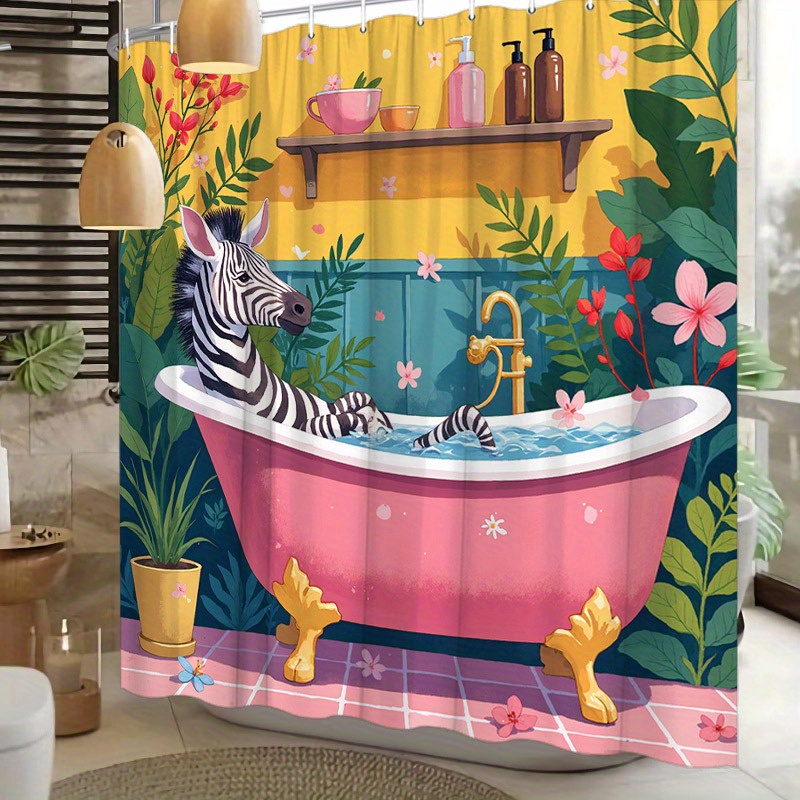 TEMU 1pc Cortina de Baño con Cebra para la Ducha - Flores del Jungla Vintage y Juguetona de Cebra, Tela de Poliéster Duradera, Lavable en Máquina con