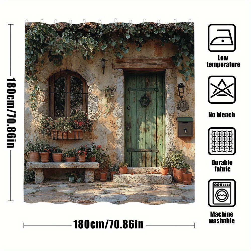 TEMU 1pc Rustic Shower Curtain, Wooden Door Greenery Potted Plant, Home Shower Curtain, Stylish Moving Gift, Bathroom Decor With Hooks, 70.8x70.8