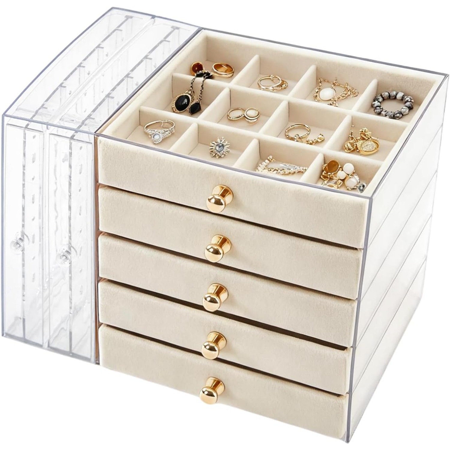 Image of Large Capacity Jewellery Storage Box With Drawers And Clear Side Door, Organiser For Earrings, Necklaces, Rings & Bracelets, Elegant Dressing Table Storage Solution, Jewelry Boxes