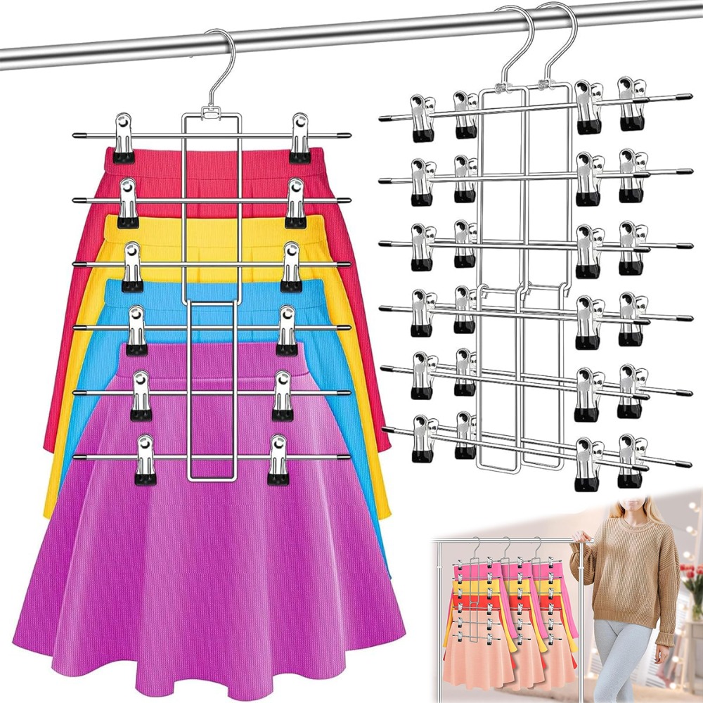 3 Pack Skirt Trouser Hangers With Adjustable Non-slip Clips, Space Hanging Closet Organizer 6 Tiers, Collapsible Hangers For Garment Jeans Pants Rack Leggings, Hook