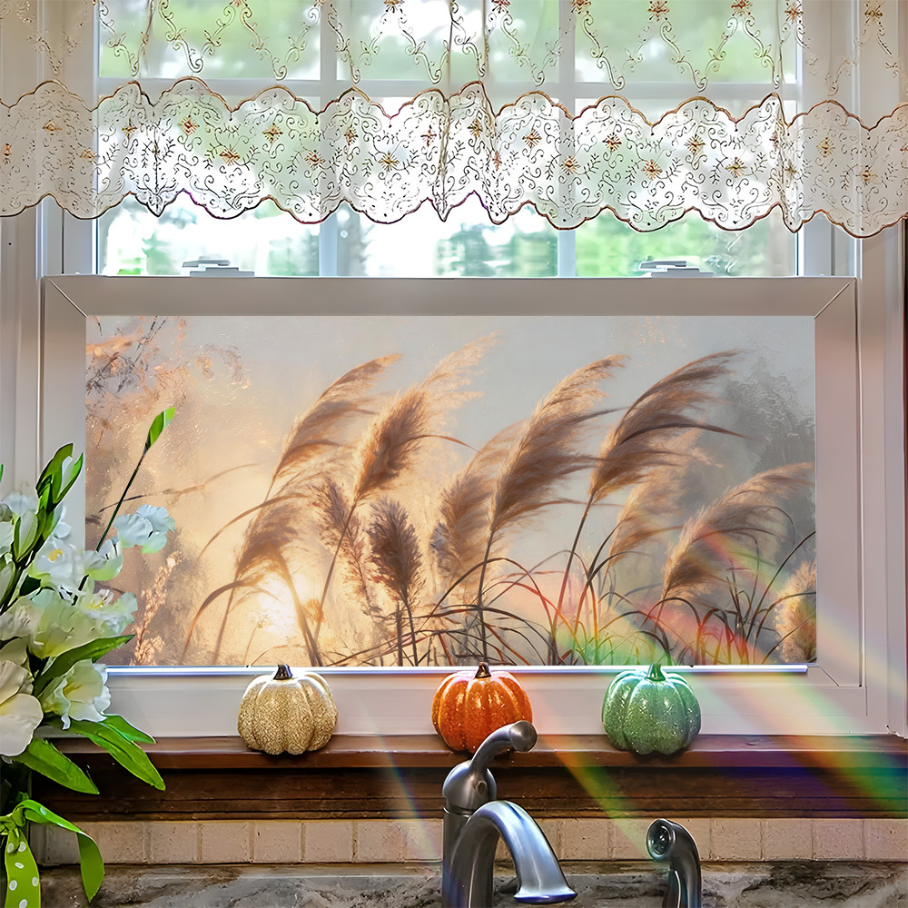 E-shop 2D Flach, . statisch haftende Fensterfolie geeignet für Sichtschutzglas - Muster mit goldenem Schilfgras, das sich in einer warmen Brise wiegt,