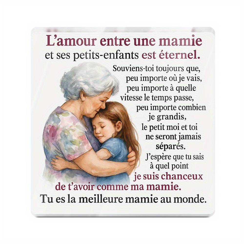 TEMU 2D Plat, 1 Pièce Décoratif en Acrylique Français " entre une Mamie et ses Enfants", Décoration de Bureau pour , Cadeau d'Anniversaire, Mariage,