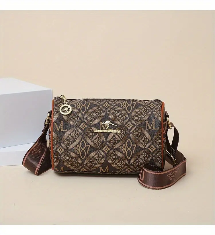 stylish dark brown floral print crossbody bag for women large capacity vintage inspired shoulder handbag with zip closure casual and commuting commuting handbag stylish womens accessory bag details 1