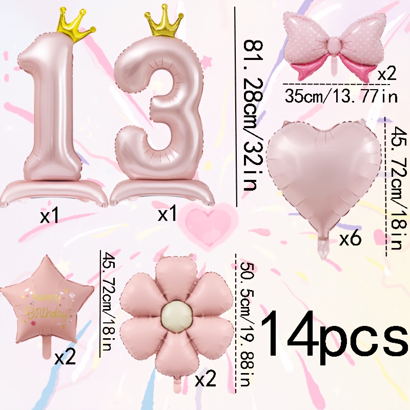 TEMU 14pcs--giant 32-inch Pink Standing Balloon + Sweet Bow + Pink Heart + + "happy Birthday" Balloon, Birthday Party Balloons For Celebrating 13th