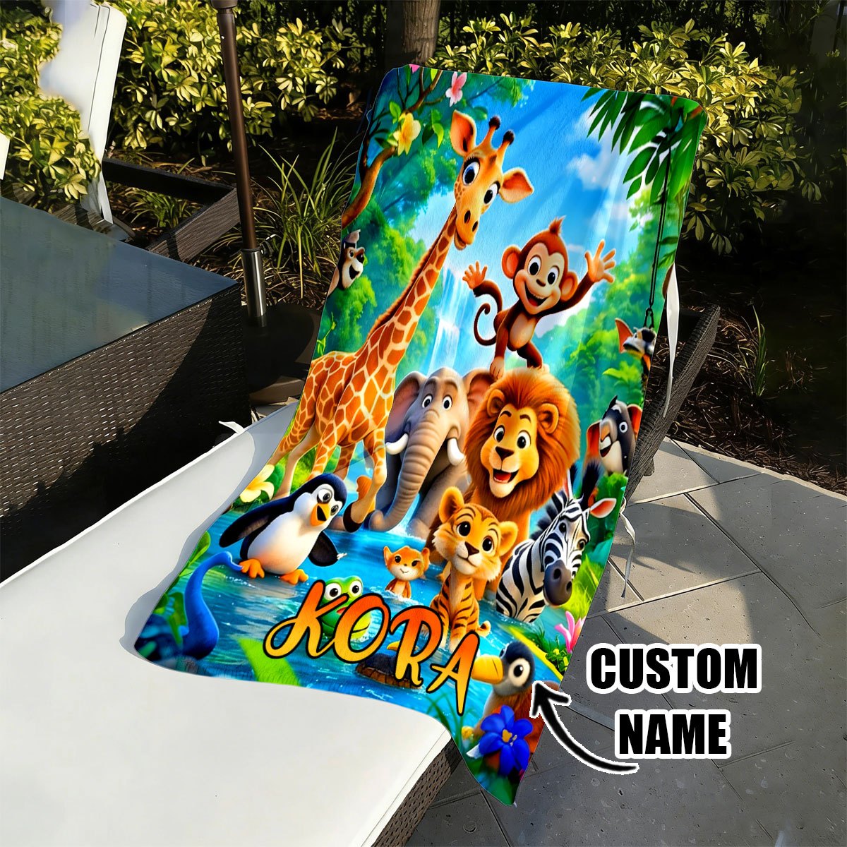 TEMU 1pc Oversized Cartoon Fun Jungle Lion Elephant Giraffe Custom Towel, Name/slogan Printable, Adult Beach Towel, Beach Vacation Swimming Towel,