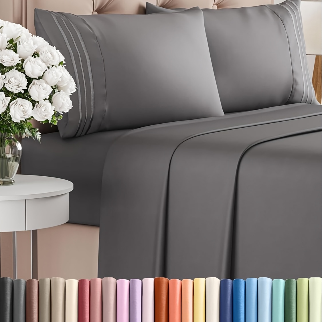 TEMU Parure de lit 4 pièces brossée hiver, literie de luxe douce style hôtel avec poches de 18 pouces de profondeur - 1 drap plat, 1 drap-housse et 2