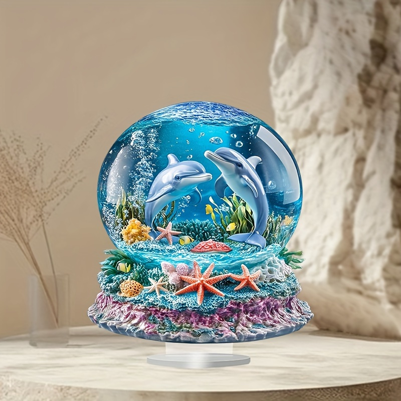 

2d Flat, Bohemian Dolphin Aquarium Decoration - 6.7"x8" Acrylic Desktop Display, Vibrant Underwater Scene With Coral & Starfish, Ideal For Home, Office, - Enhances Ocean , Dolphin Decor