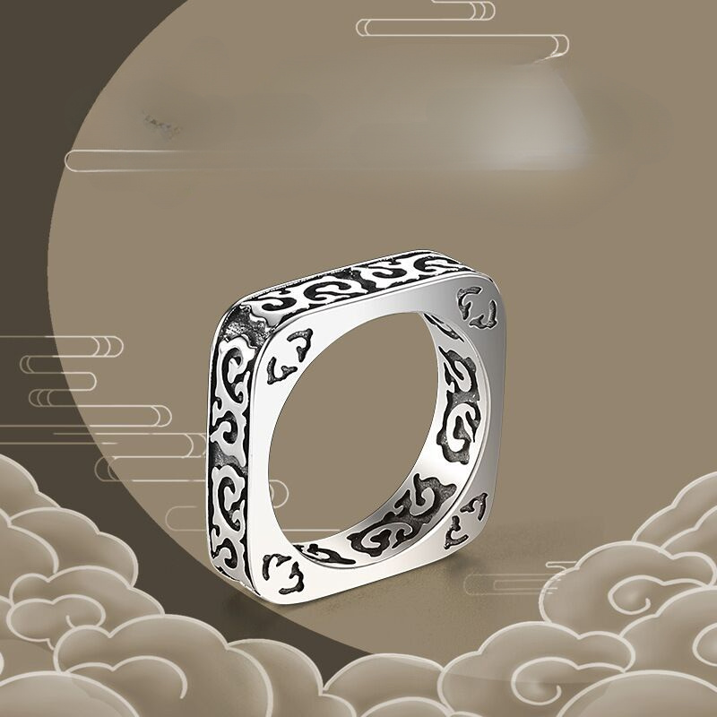 Vintage Auspicious Clouds Square Ring — Unique Design