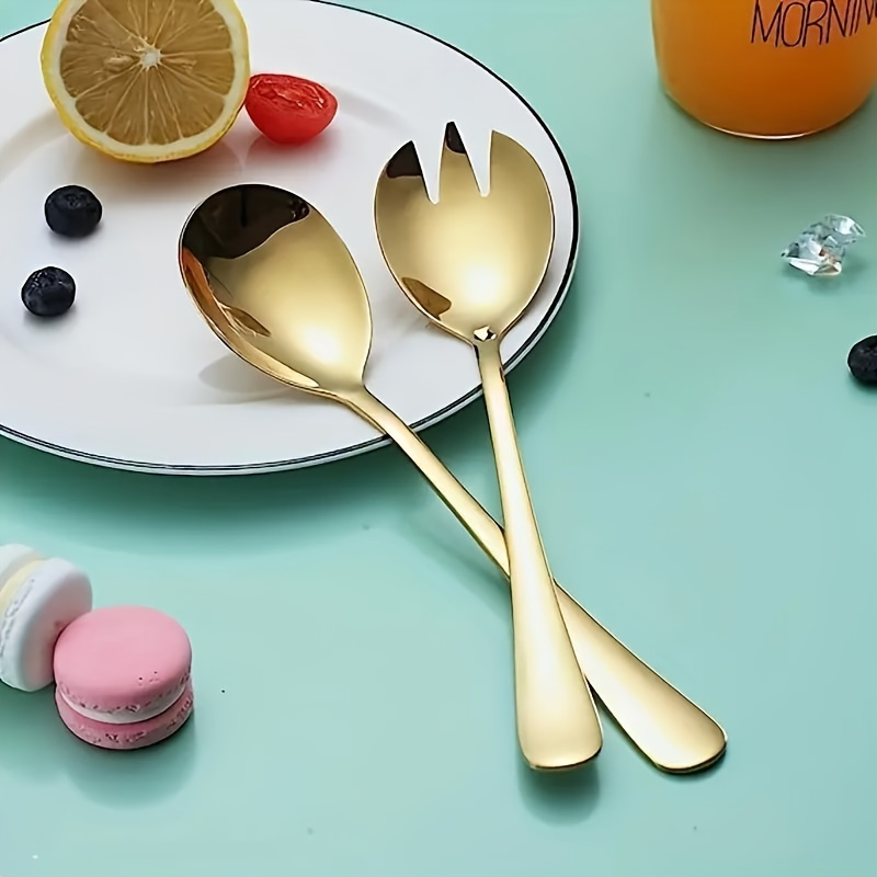 E-shop 6 Stück/2 Stück, Salatlöffel Gabel Set, Edelstahl, Gold Silber, für Zuhause, Restaurant, öffentliche Einrichtungen, zum Essen von Salat, Pasta,