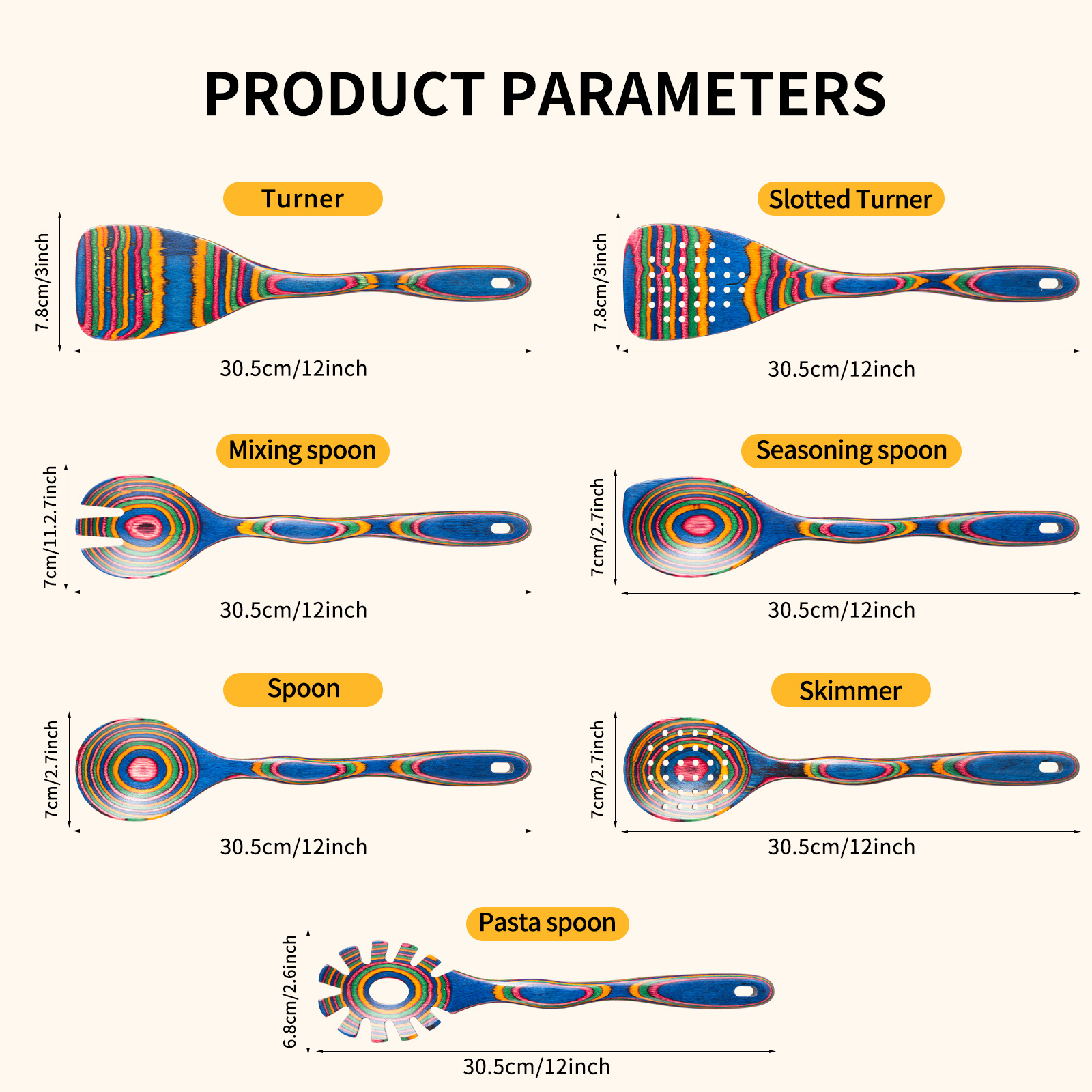 7pcs Pakkawood Blue Wooden Cooking Utensil & Spoon Set - Non-Stick Wood Kitchen Tools with Spatula, Slotted & Solid Spoons Suitable for /Outdoor Use, Holiday Gift (Christmas, Mother' Day)