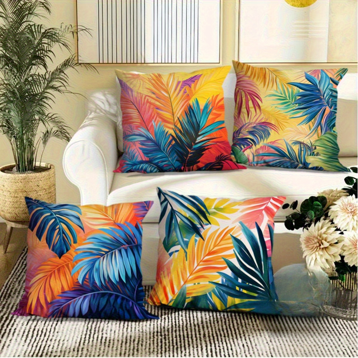 vibrant tropical leaf print outdoor pillow covers summer Temu