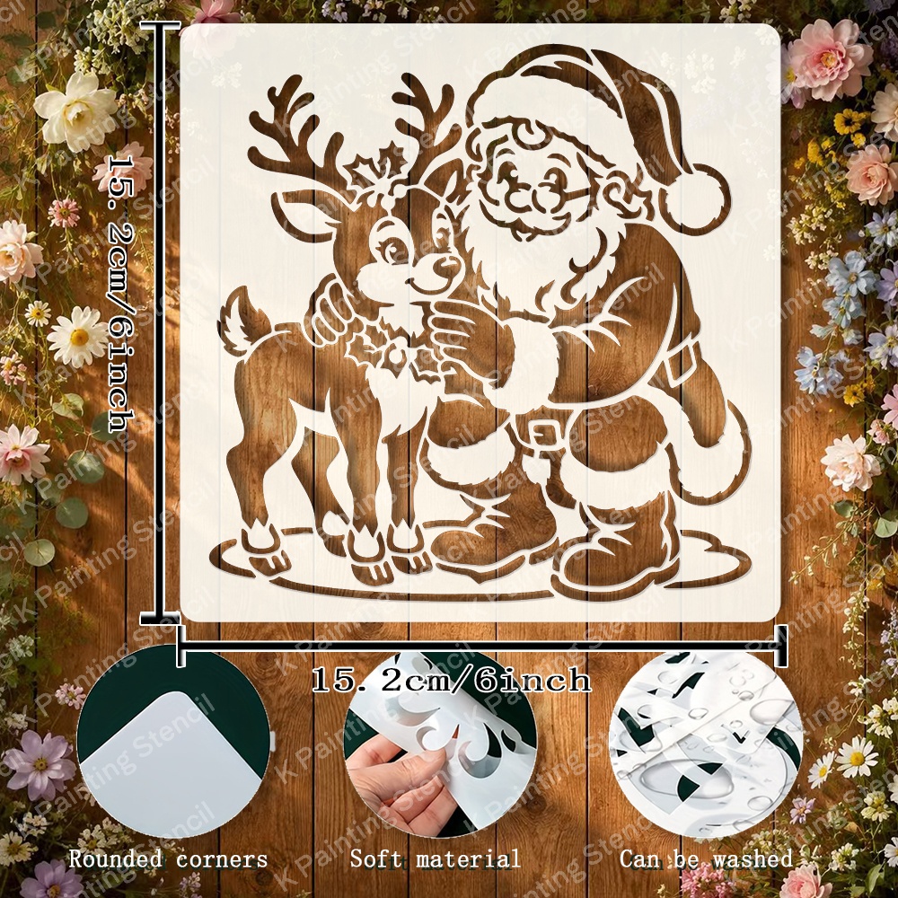 TEMU Santa And Reindeer Stencil | Reusable Christmas Theme Painting Template | Santa Kneeling, Hugging Reindeer With Holly Antlers | Farm Animal And