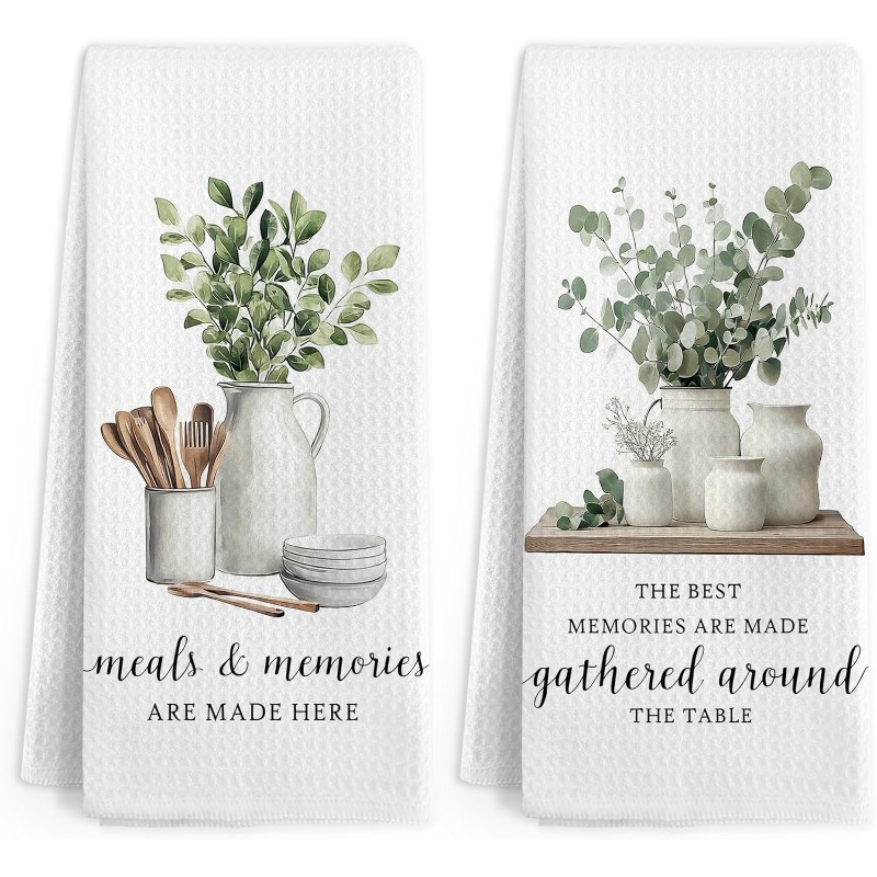 TEMU 2pcs Set Of 18×26 Inch Eucalyptus Leaves Kitchen Towels, Sage Green Farmhouse Cooking, "meals And Memories Are " Hand Dish Tea Towel For Kitchen