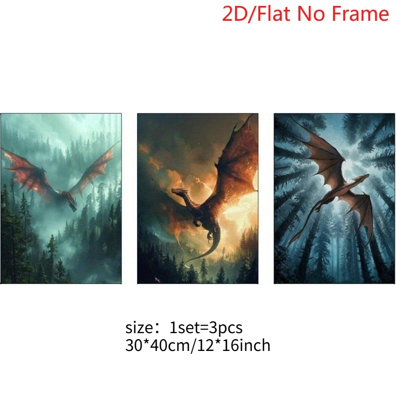 TEMU 2d Flat, 2d/flat Frameless, 3pcs Set Forest Animal Flying , Dragon Creative Poster, Indoor Home Wall Decor Art, 2d Flat