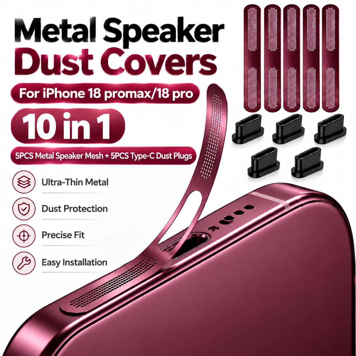 TEMU [10-in-1] 5 Stück Metall Lautsprecher Staubschutzhüllen und 5 Stück Typ-C Anschluss Staubschutzstecker, geeignet für iPhone 18 Pro Max/18 Pro,