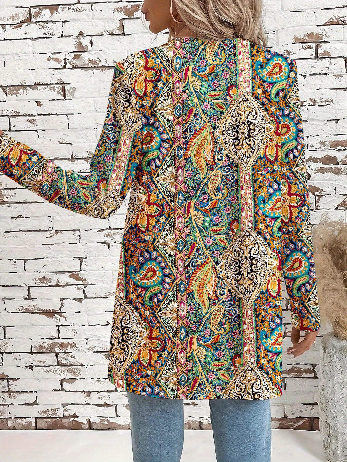 vår- och höst elegant långärmad midilängd randig paisley-mönstrad   kofta för kvinnor, knappfri mjukjacka med strömlös design