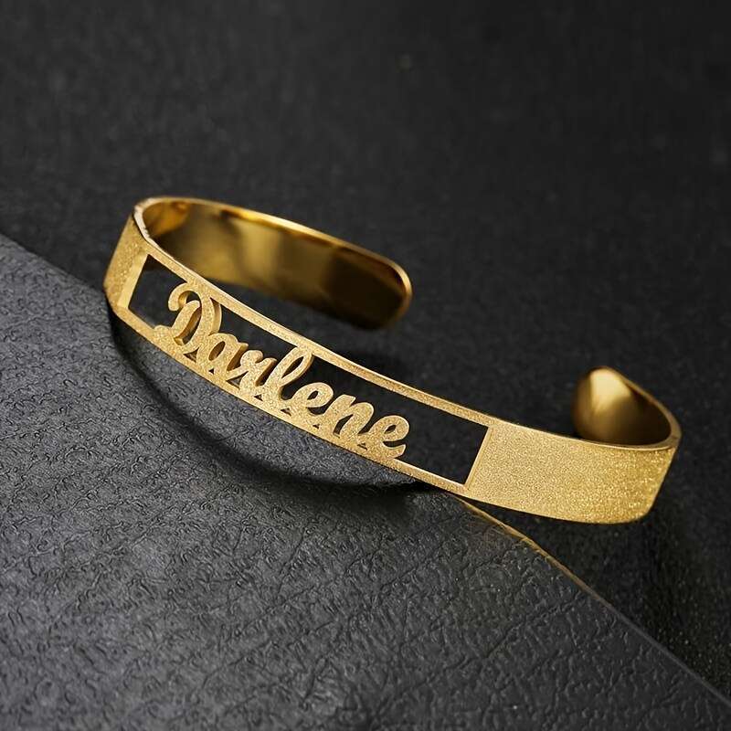 TEMU Custom 1 Stainless Steel Shiny Frosted Hollow Name Opening Bracelet, Exquisite, Easy, Personalized And Fashionable, Women' All-match Bracelet,
