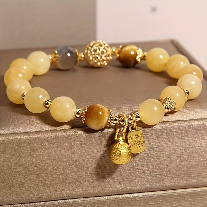 Elegant Yellow Crystal Bead Bracelet with Golden Charm- Bohemian Style, Natural Stone, Perfect for Casual Wear and Gifts