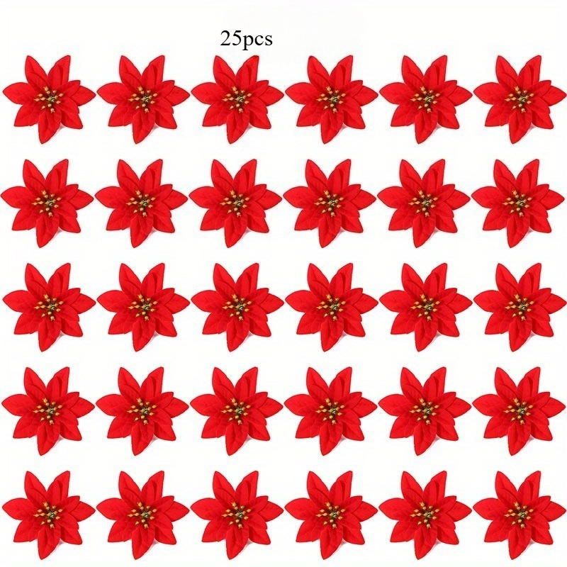 TEMU 25pcs Fleurs de Poinsettia Artificielles, Faux Fleurs de Poinsettia, Fleurs Décoratives d'Arbre de Noël - Fleurs Artificielles, Convient pour