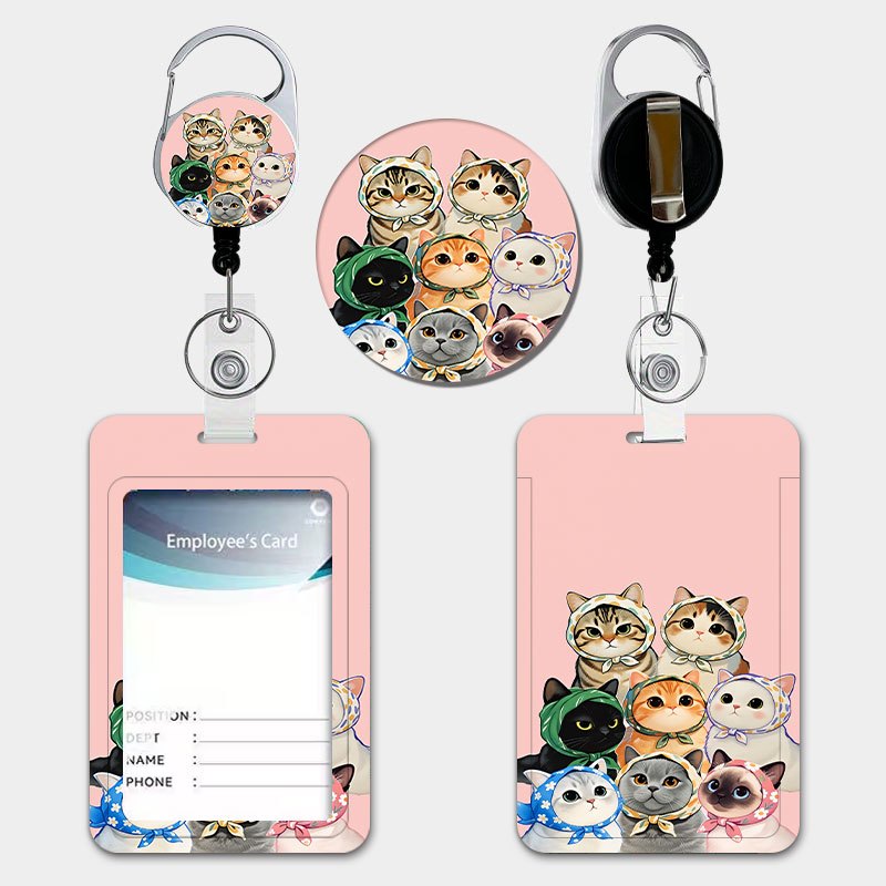 TEMU Cute Cat Headscarf Print Cartoon Holder Case With Pull-tab Retractable Lanyard And Keychain, Durable Plastic Card Holder. Suitable For Storing