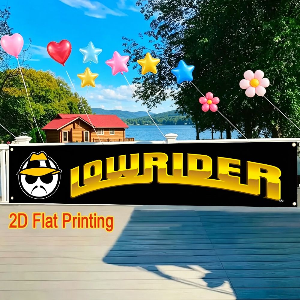 TEMU Lowrider Style, With Hat Pattern, Long Fence Banner 1 Pack Polyester Banner For Fence Balcony Garden Festival Decoration Hanging Flag With Metal